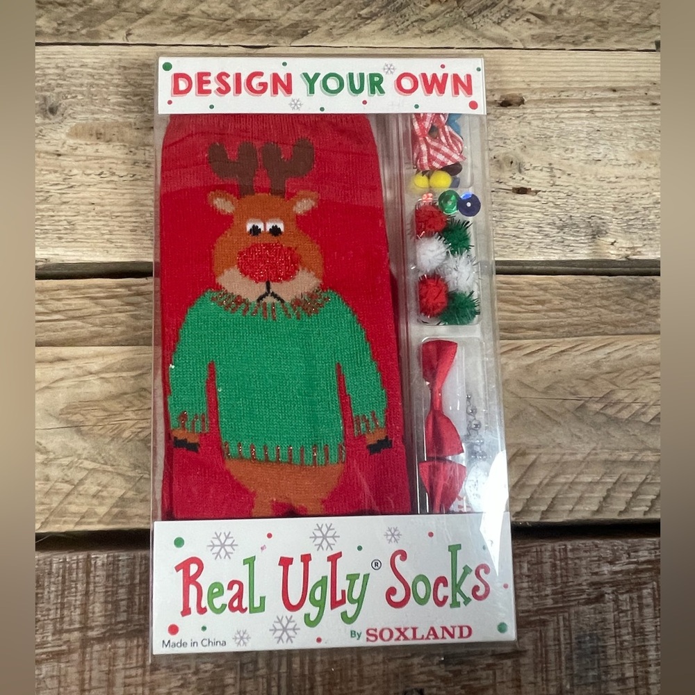 Soxland Design Your Own Real Ugly Socks Women Size 9-11 Red Reindeer Footwear